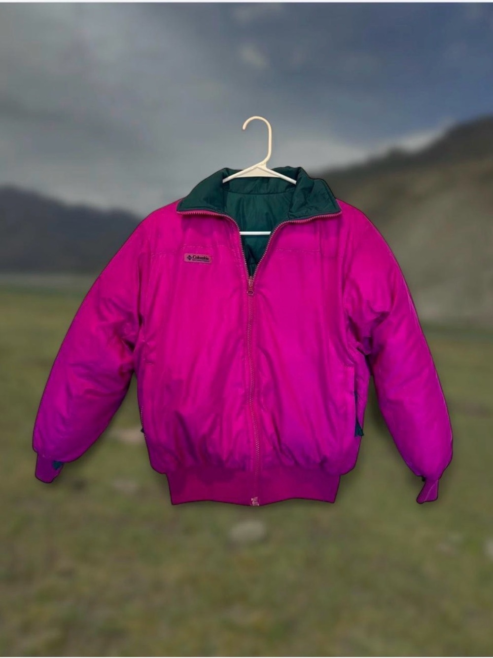 Vintage Columbia Reversible Jacket Puffer Bomber size S Pink Green